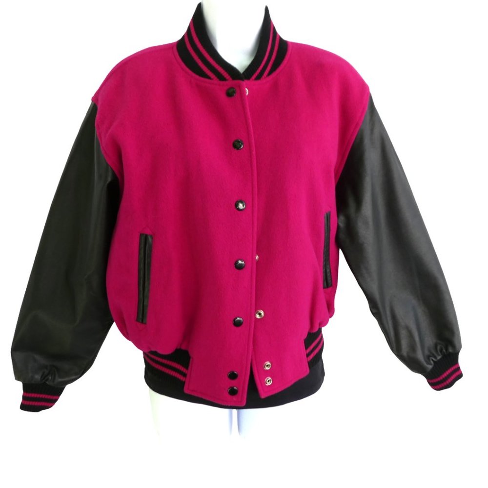 LeaTHeR Vintage Dark Pink WooL Black Letterman Varsity Bomber Jacket LizSport M - Picture 2 of 10